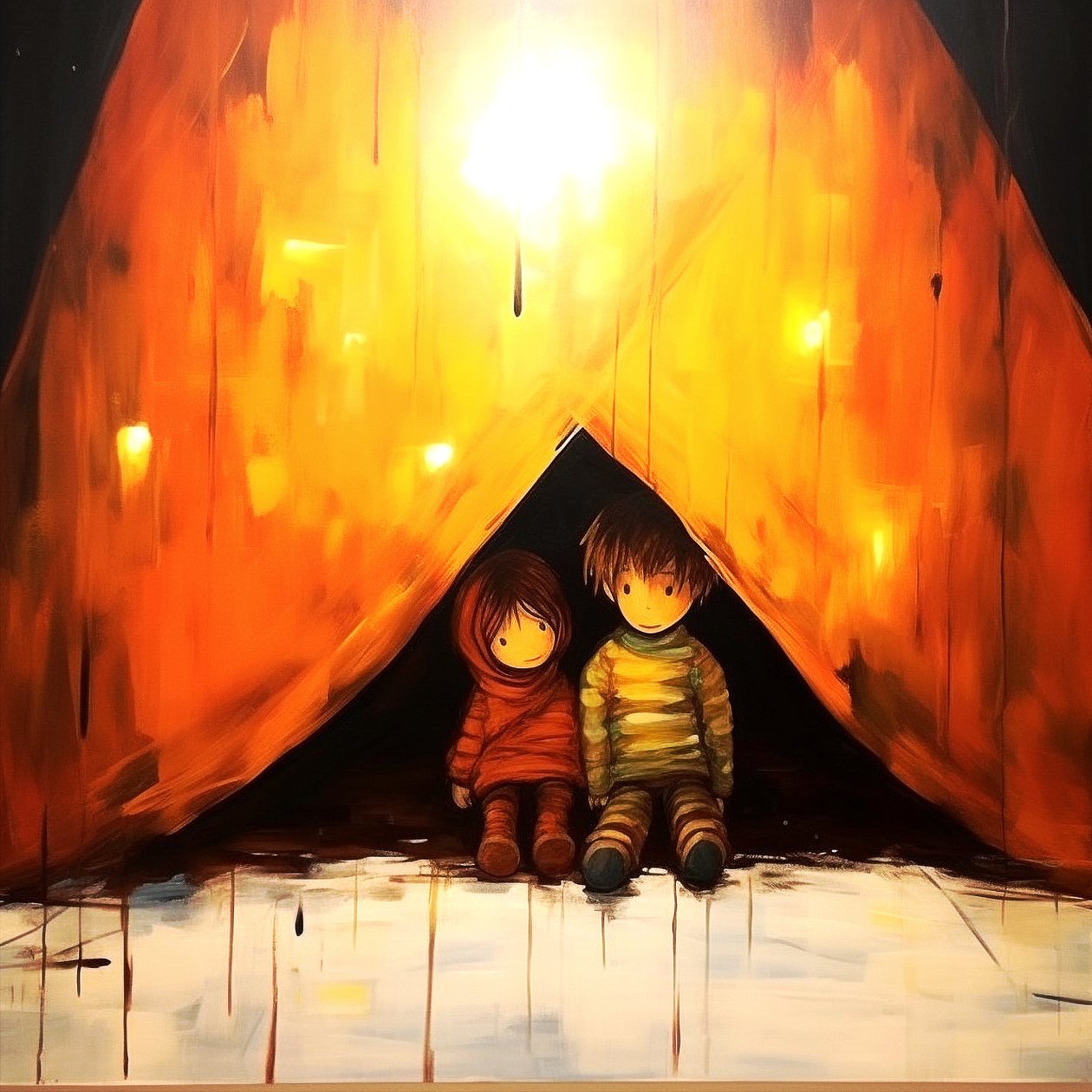 Drawing of two innocent children, surreal wall art by F. Abderrahim