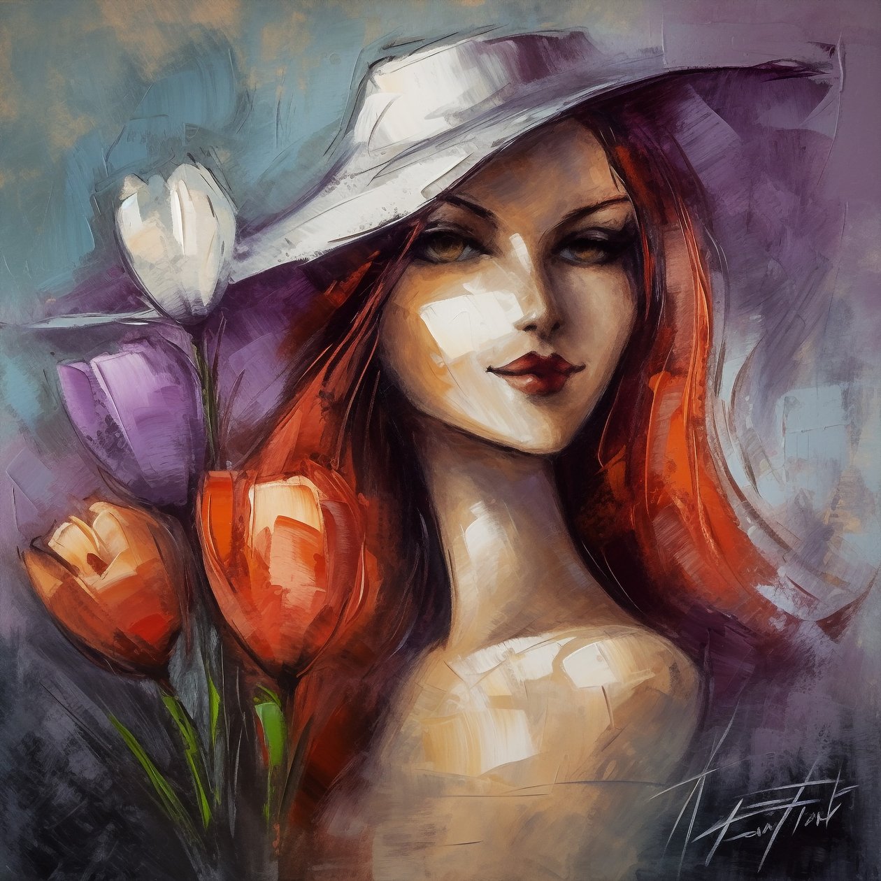 Impressionist Girl Portrait with Crocus Flowers by F. Abderrahim