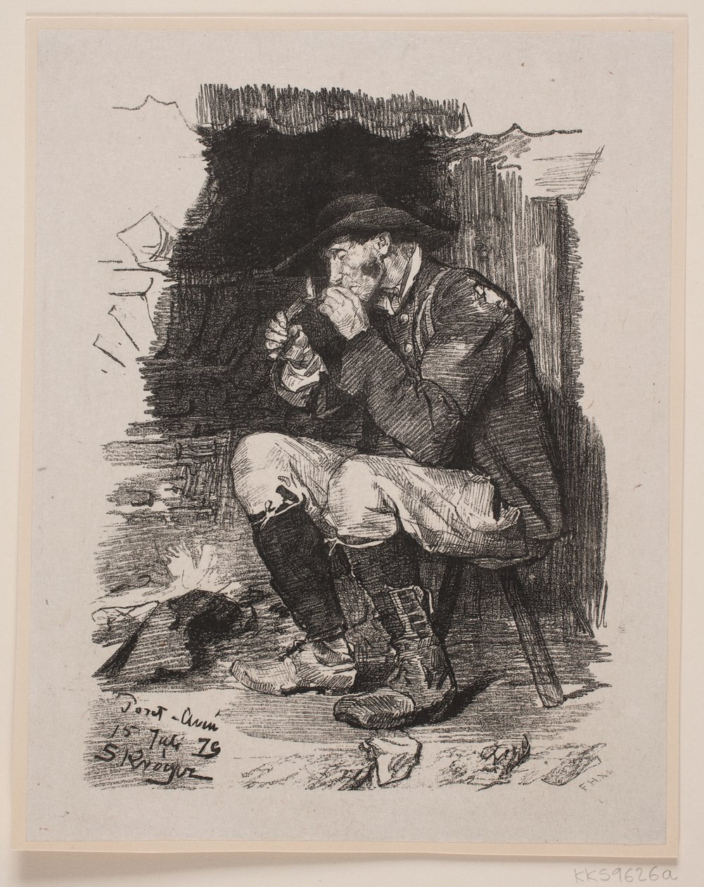 A Man Lighting His Pipe by F. Hendriksen: Fine art print