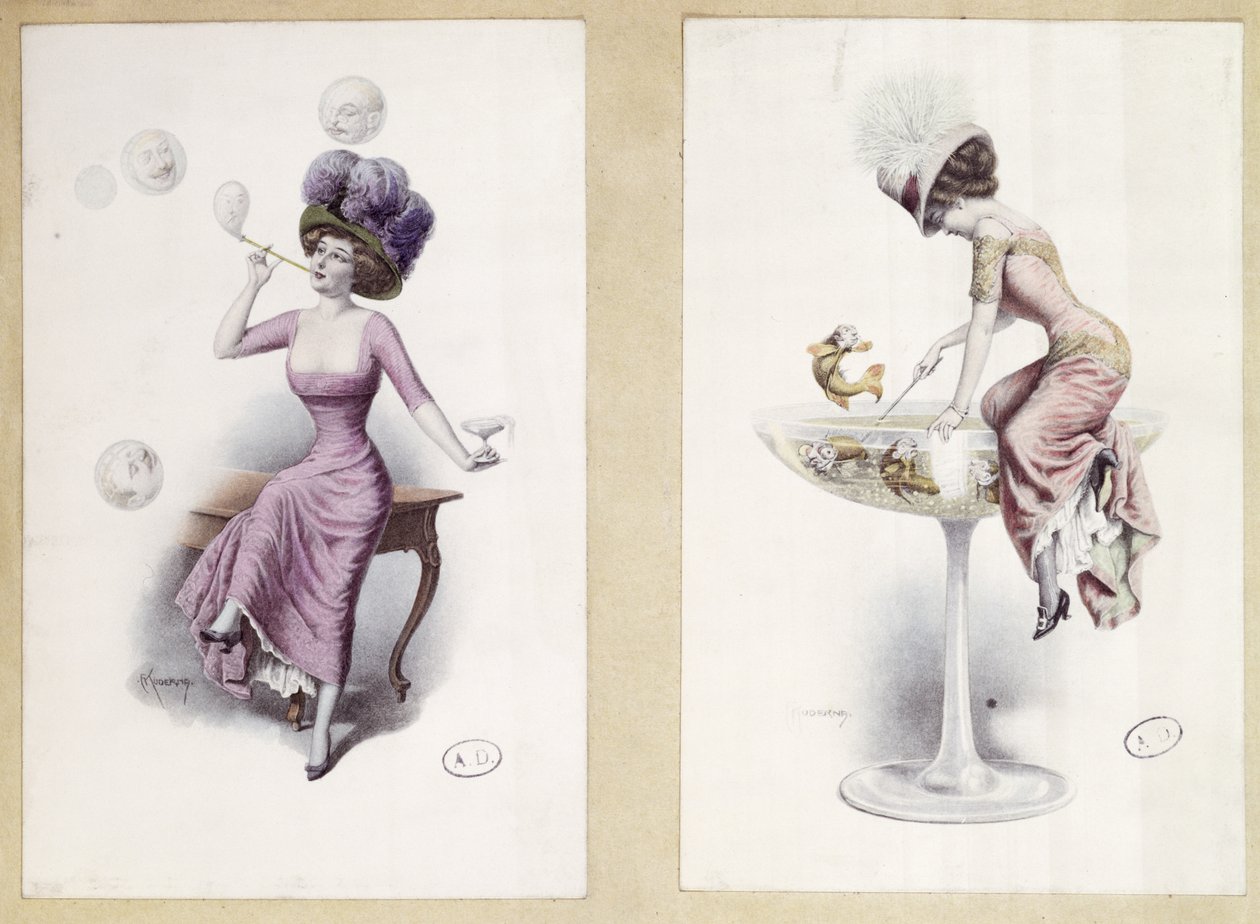 Postcards Depicting a Woman Blowing Bubbles & Fishing in a Champagne Glass, c.1900 by F. Kuderna