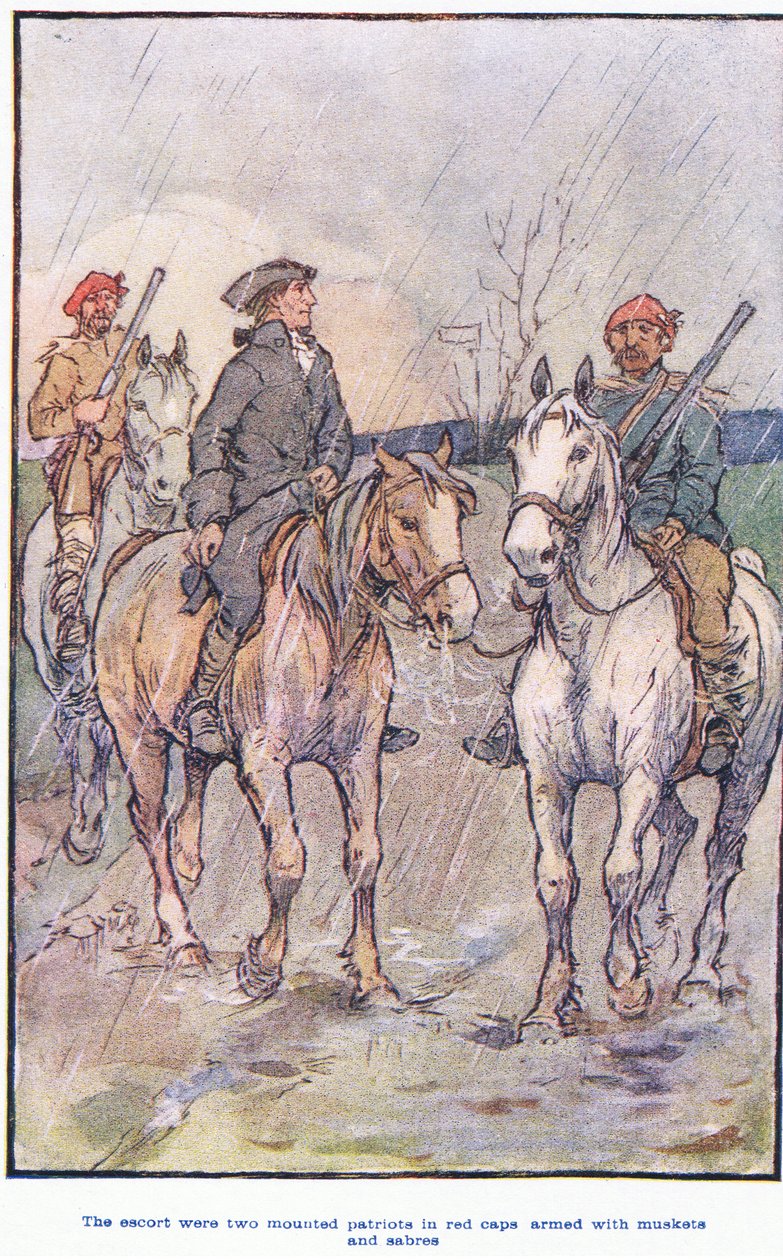 The escort were mounted patriots in red caps, armed with muskets and sabres by F. M. B. Blaikie