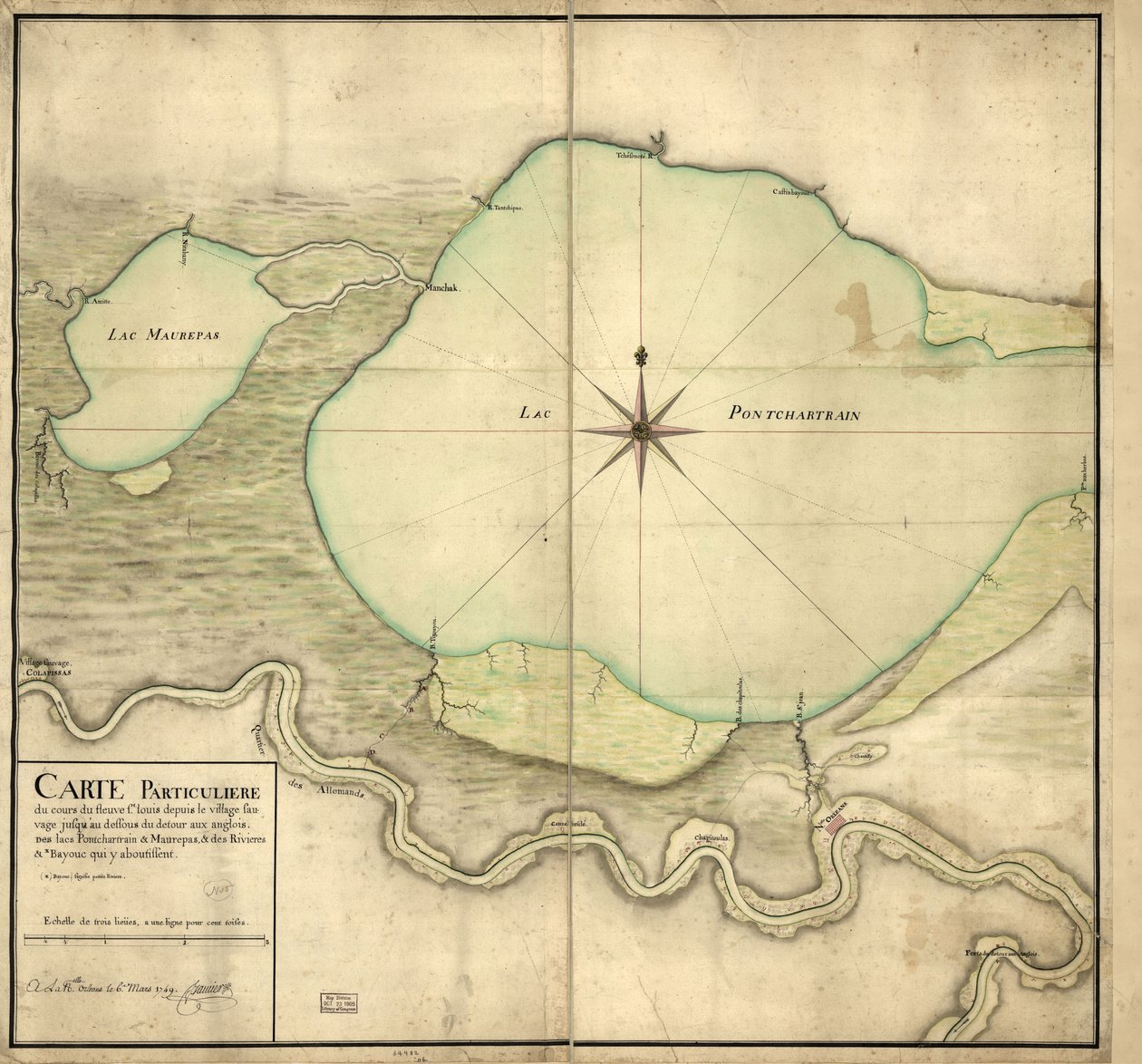 Particular Map of the Course of the St. Louis River from the Savage Village to Below the English Detour, Lakes Pontchartrain & Maurepas and the Rivers & Bayous Leading to Them by F. Saucier