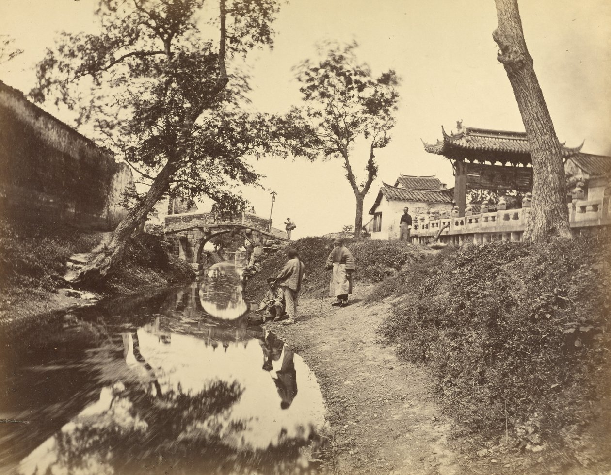Chinese View of a River and a Bridge in a Village Including Several Chinese People by Felice Beato