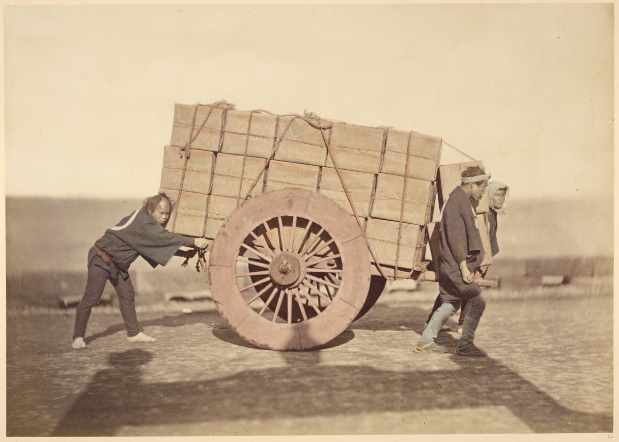 Men Pushing a Wagon by Felice Beato