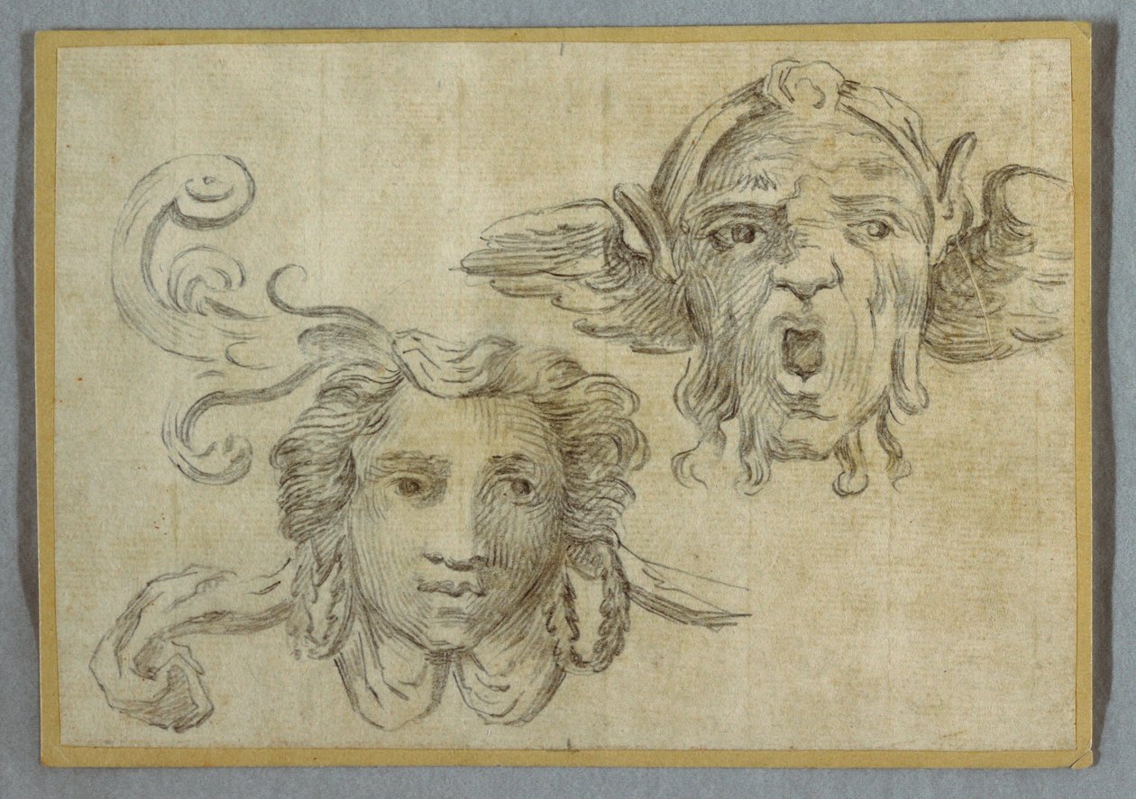 Mask with Garland and Ears; Mask with Beard and Ears of Satyr by Felice Giani