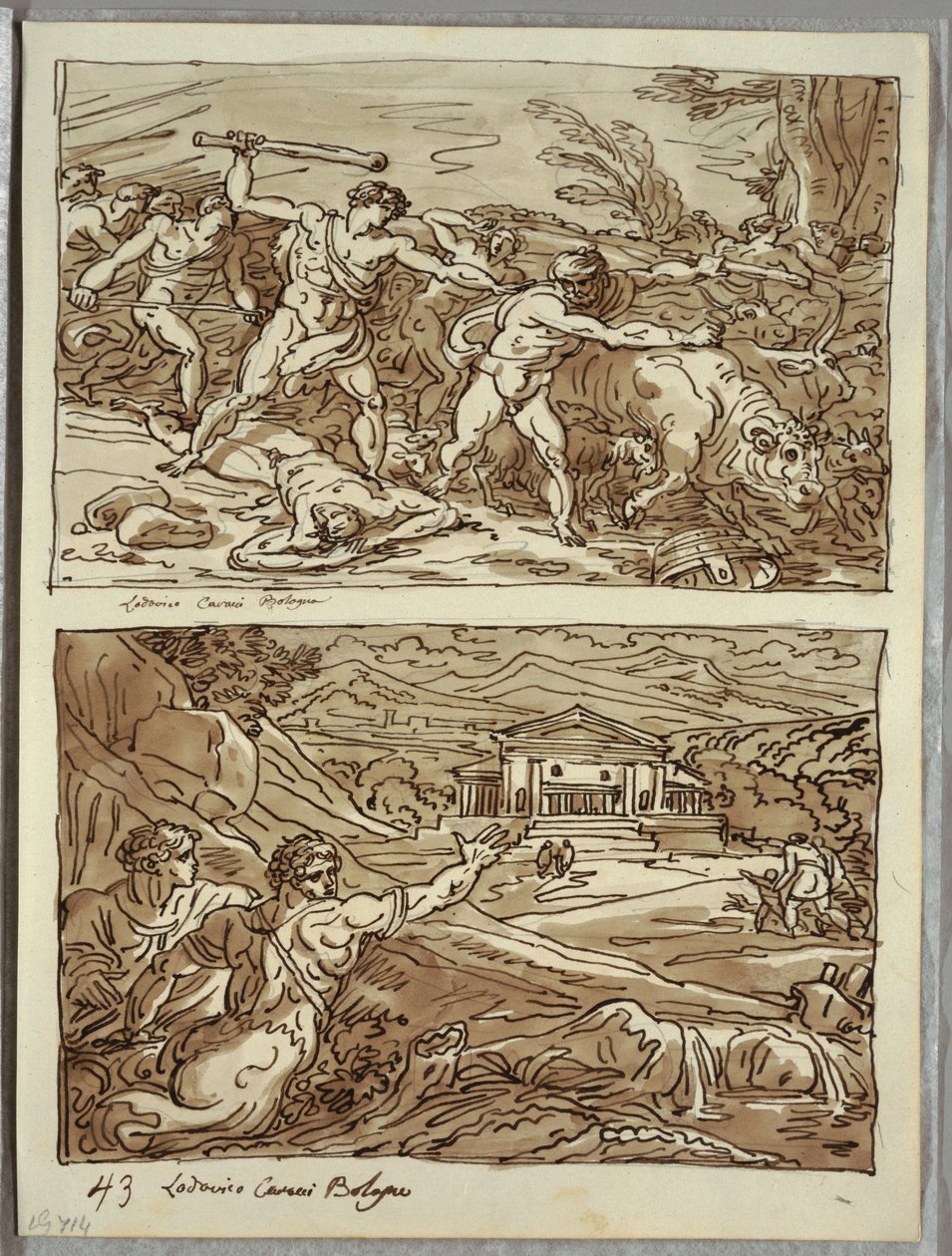 Remus Drives Away and Kills the Robbers of the Herds; Sanctuary for the Fugitives on the Campidoglio, Two Studies after Carracci by Felice Giani
