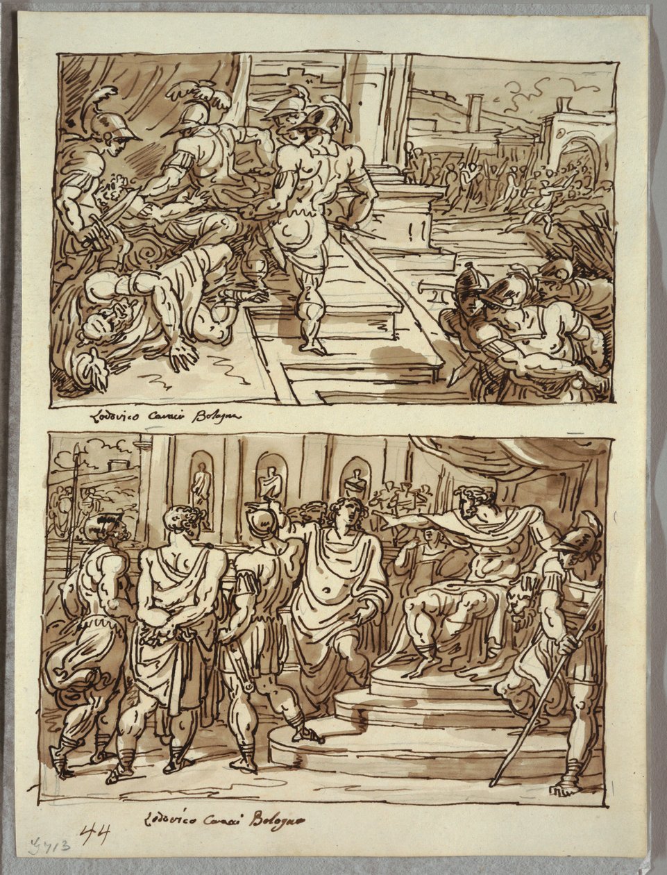 Remus Kills King Amulius; Remus Led in Chains before King Amulius; Two Studies After Carracci by Felice Giani