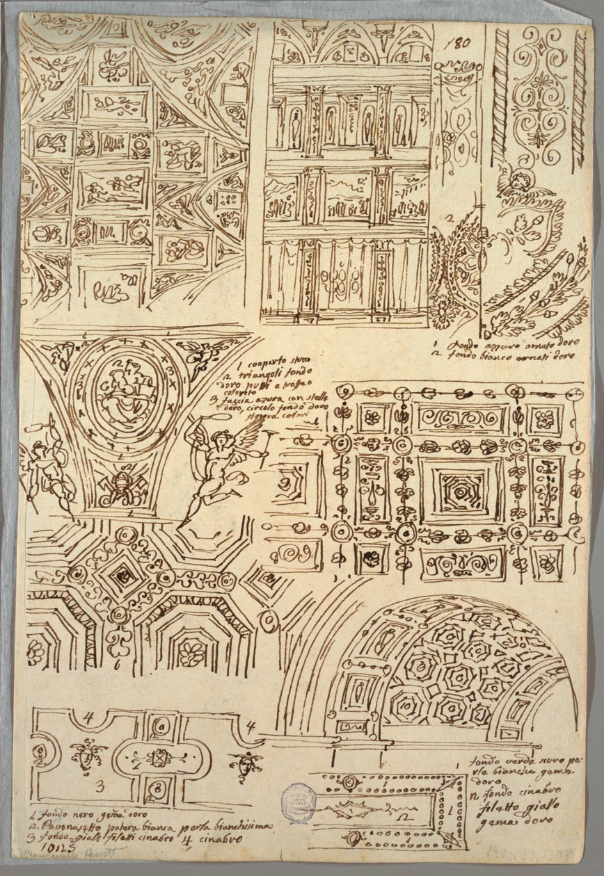 Seven Studies of Quadrilateral Ceilings; (detail) Two Anatomical Studies of Arms by Felice Giani