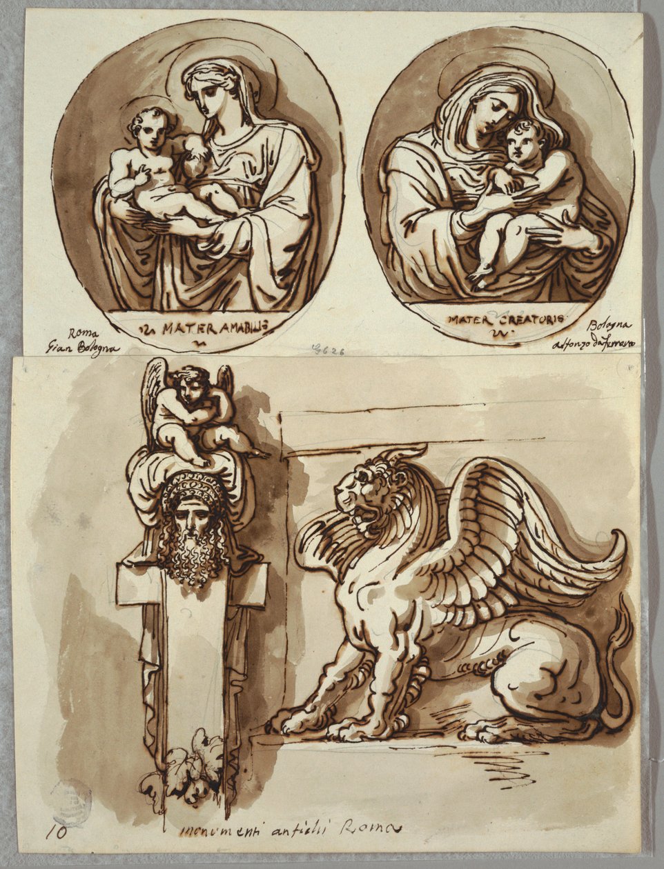 Two Drawings of the Madonna and Child in Ovals, Studies after Giambologna and Alfonzo da Ferrero; Herm and Chimera, after Antique by Felice Giani