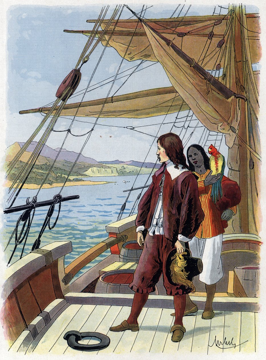 Robinson Crusoe leaves his island - Illustration by Felician Myrbach Rheinfeld for the Book of Daniel Defoe Robinson Crusoe. No Date. About 1934 by Felicien baron de Myrbach-Rheinfeld
