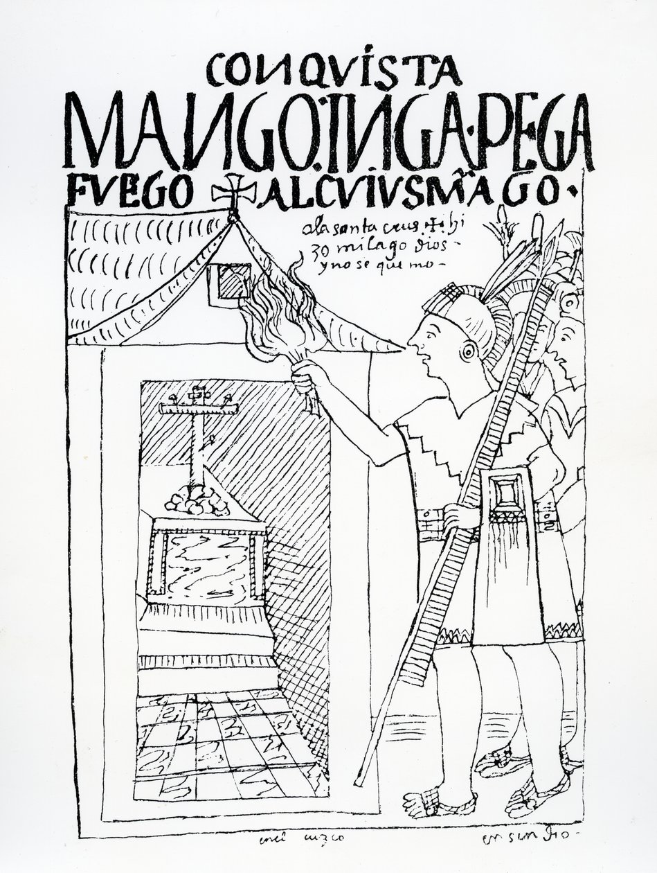 Manco Inca Attempts to Burn the Inca Palace of Cuyus Mango, Which Had Been Converted for Christian Worship, but God Intervenes by Felipe Huaman Poma de Ayala