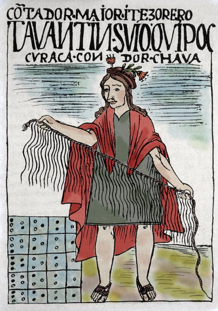 Quipu Inca accounting system in rope and knots, Inca culture 1400-1532 AD, manuscript by Felipe Guaman Puma de Ayala, Indian columnist of the 16th century. by Felipe Huaman Poma de Ayala