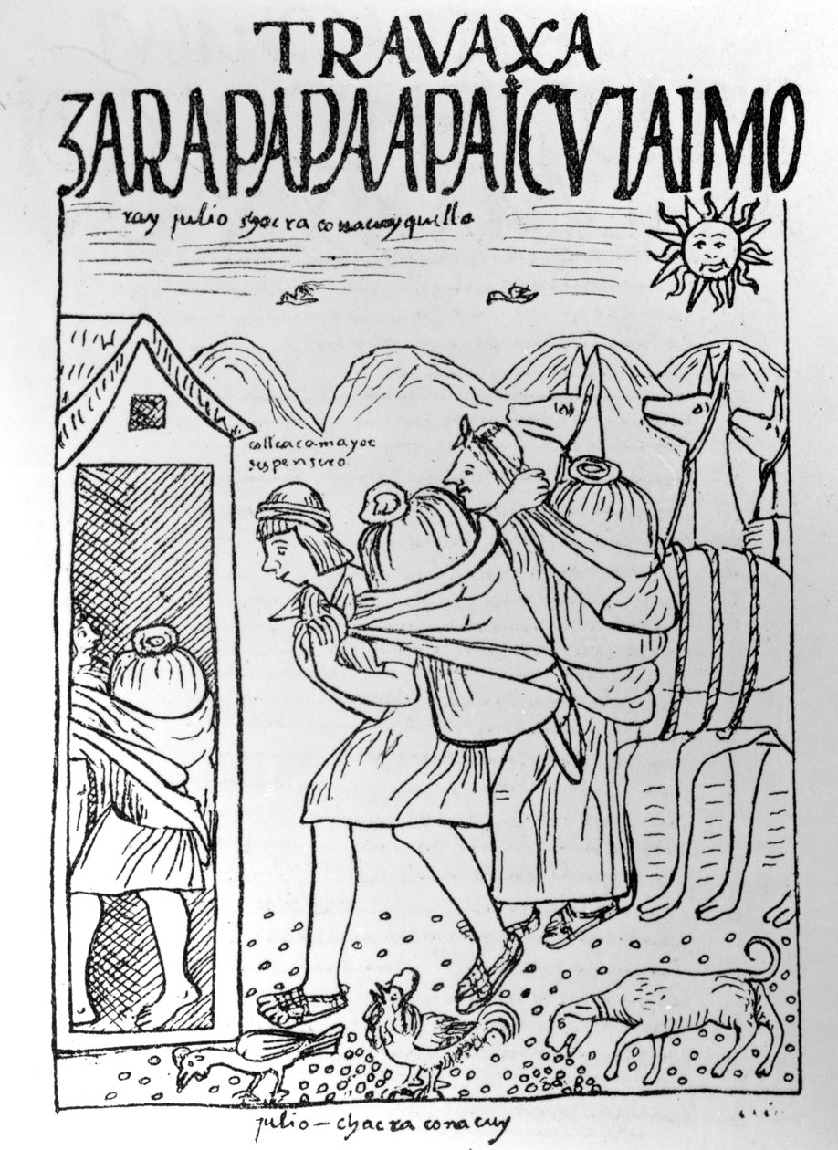The Month of July, Storing Maize and Potatoes by Felipe Huaman Poma de Ayala