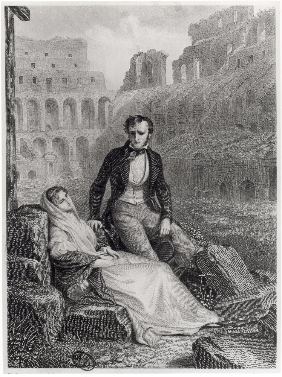 Francois Rene Vicomte de Chateaubriand and Pauline de Beaumont in the ruins of the Colosseum, illustration from 