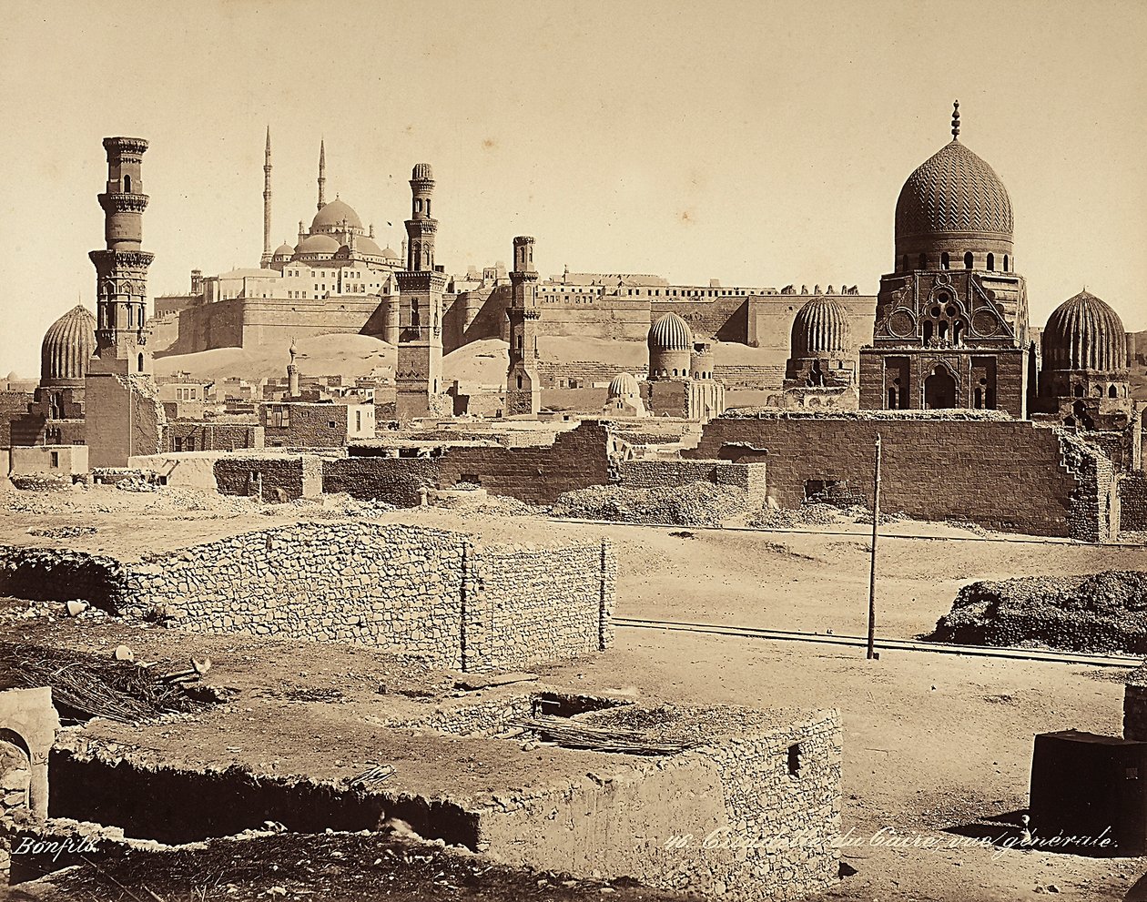View of the Citadel with numerous ancient monuments and finds, in Cairo, Egypt by Félix Bonfils