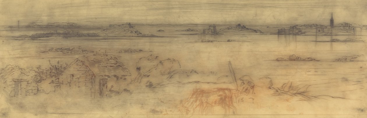 Seascape with a Fortified City at Right, Islands at Left and a Cottage in the Foreground, c. 1882 by Felix Hilaire Buhot