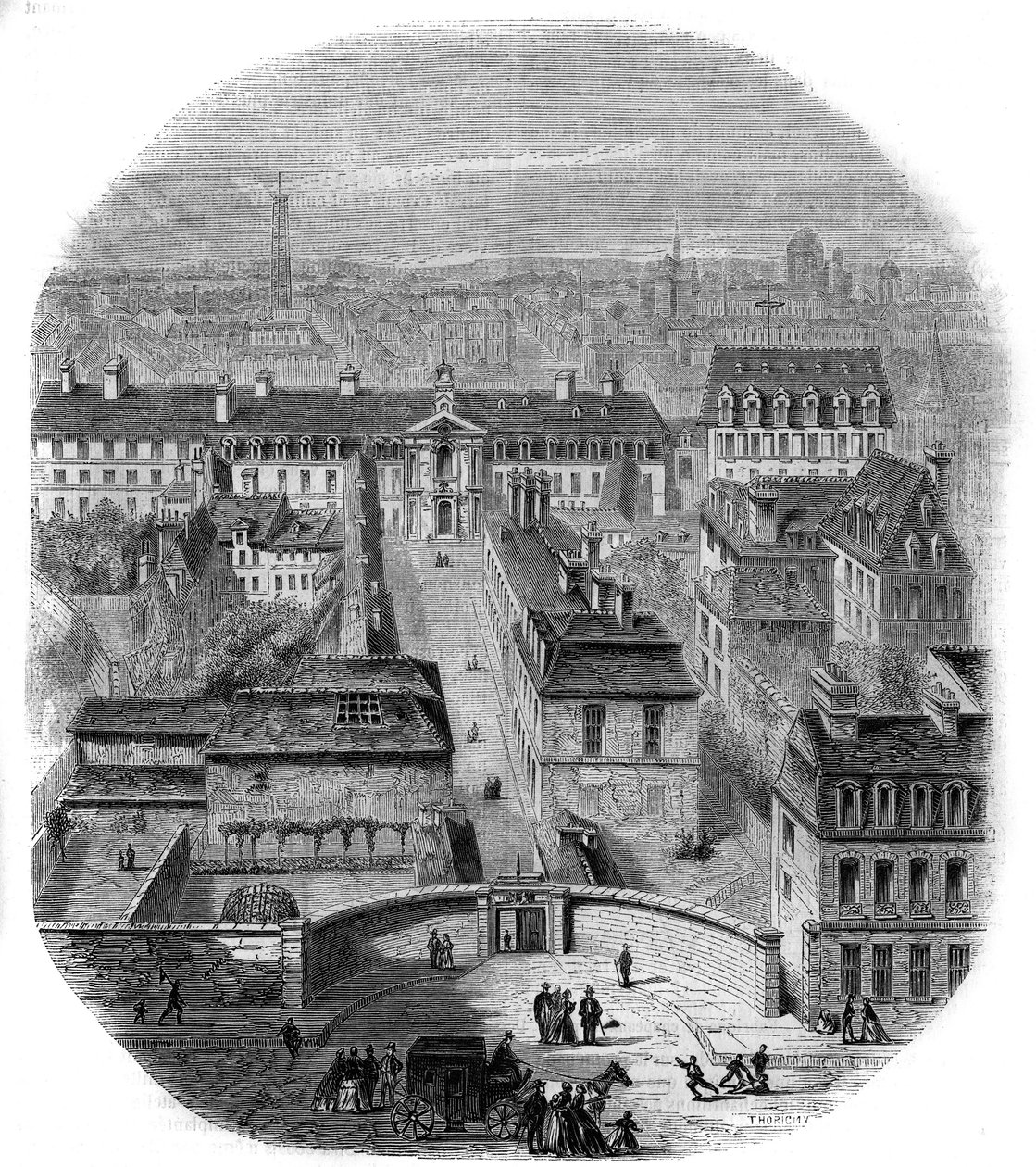 View of the Gobelins tapestry factory in Paris, with the Capuchins convent, the Observatory and the castle of the Queen Blanche. Engraving by Thorigny by Felix Thorigny