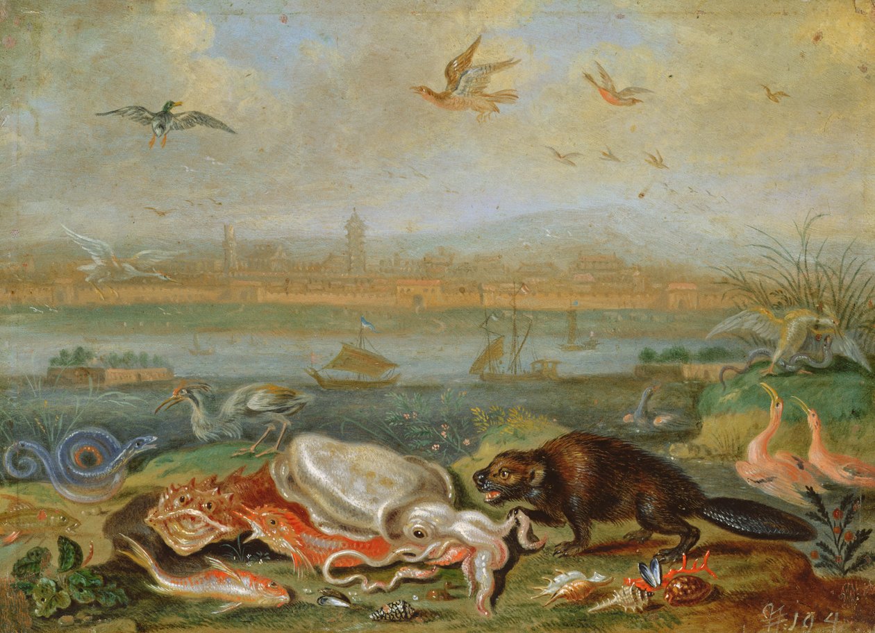 Creatures from the Four Continents in a Landscape with a View of Canton in the Background by Ferdinand van Kessel