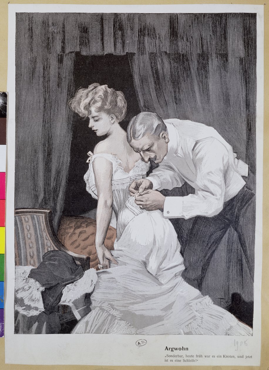 Suspicious husband observing the alteration in the tying of his wife