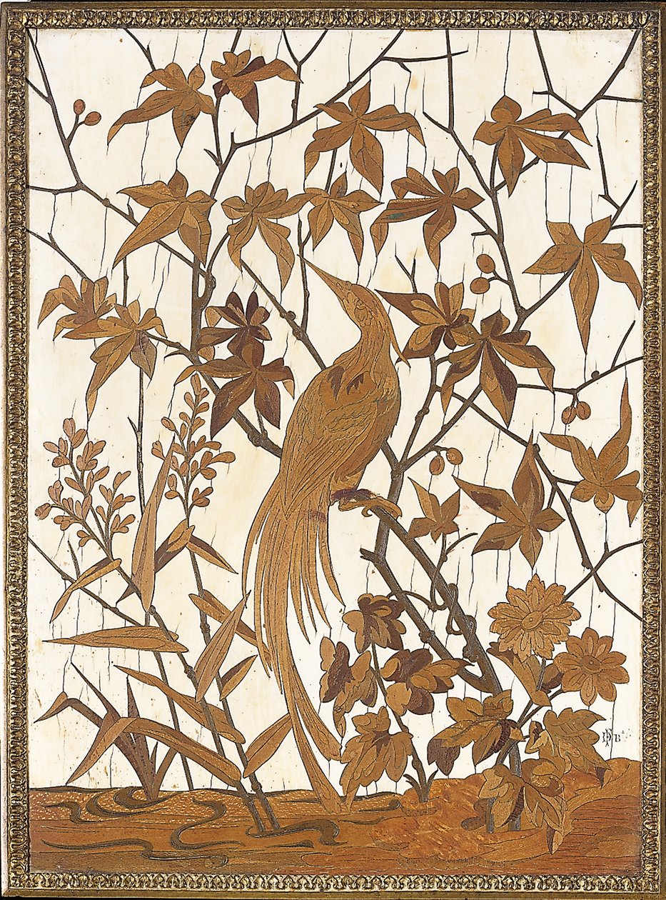 Inlaid Panel with an Exotic Bird Amidst Foliage in Marshland, Maison Grioux by Ferdinand Duvinage