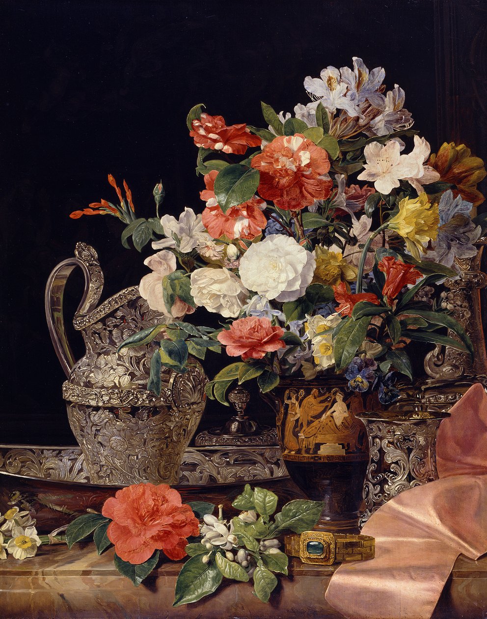 Bouquet of Flowers with Silver Vessels and an Antique Vase by Ferdinand Georg Waldmüller