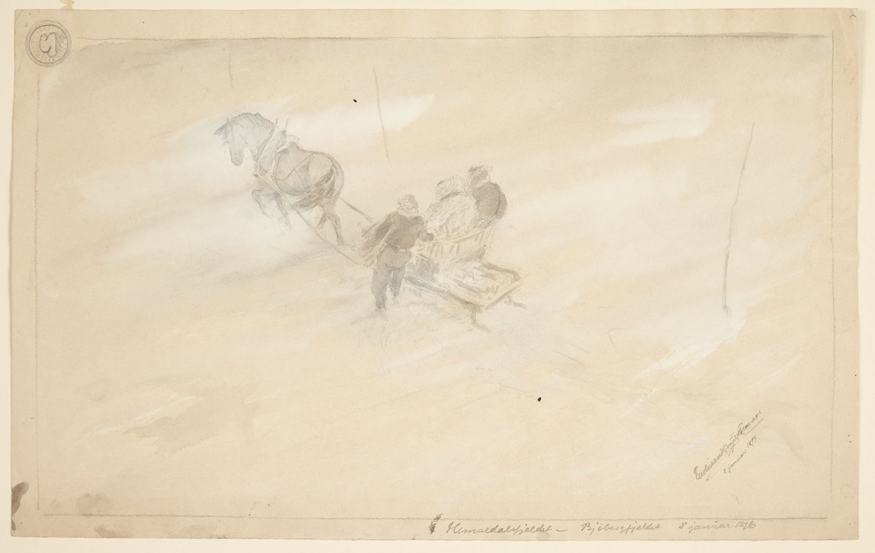 A Sled Seen from Above, Pulled by a Horse, with Two Seated Persons and One Standing Beside, All Seen from Behind by Ferdinand Kjerulf Tranaas