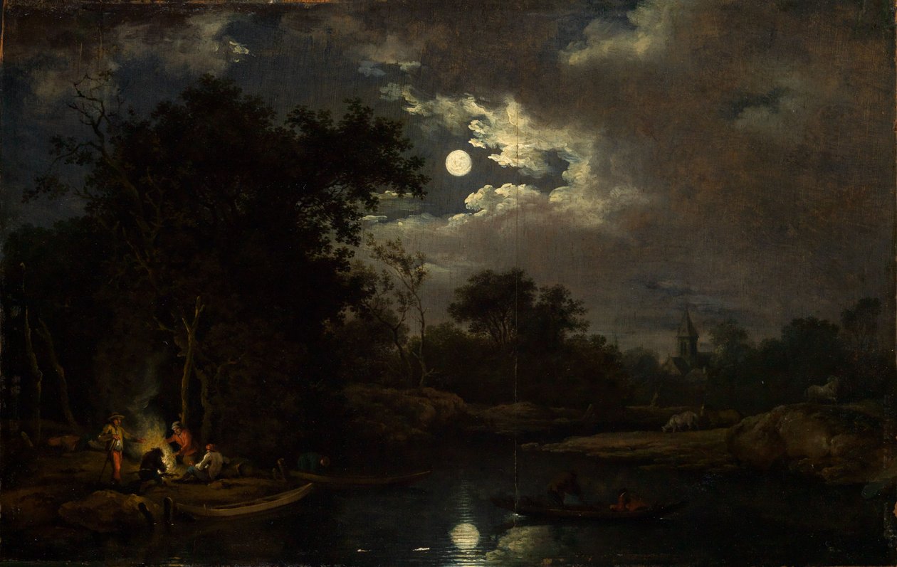 Moonlit Landscape with Fishermen by the Campfire by Ferdinand Kobell