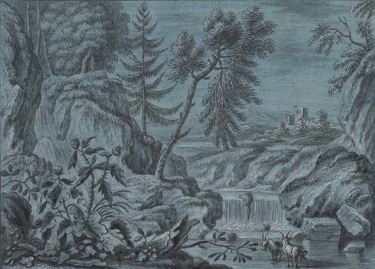 Southern Landscape with a Waterfall and Goats, late 18th Century by Ferdinand Kobell.