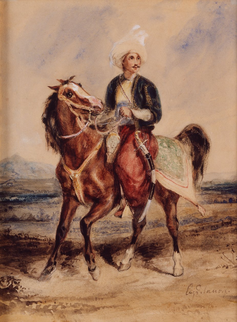 An Arab Warrior on Horseback in a Landscape by Ferdinand Victor Eugene Delacroix