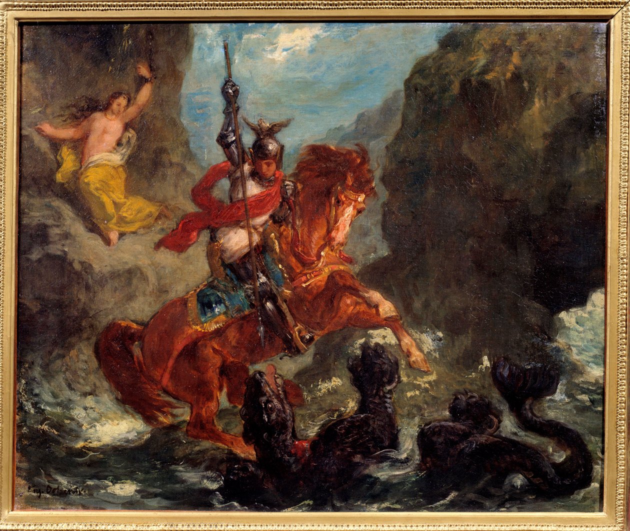 Roger delivering Angelica. Angelica delivered to a monster by pirates is liberated by Roger riding on a hippogriff. Illustration for 