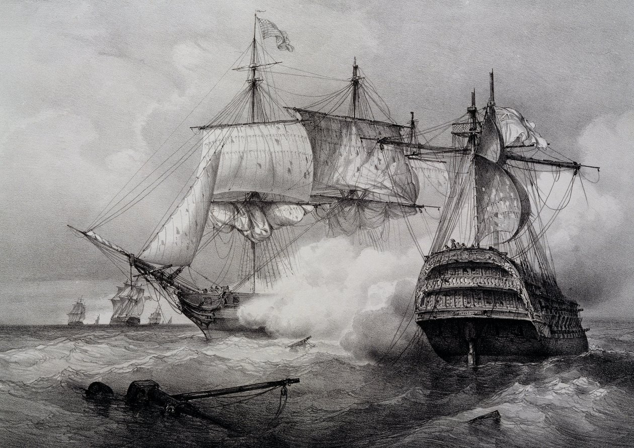 Battle between American 74-gun ship and British frigate, lithograph by Ferdinand Perrot by Ferdinand Victor Perrot