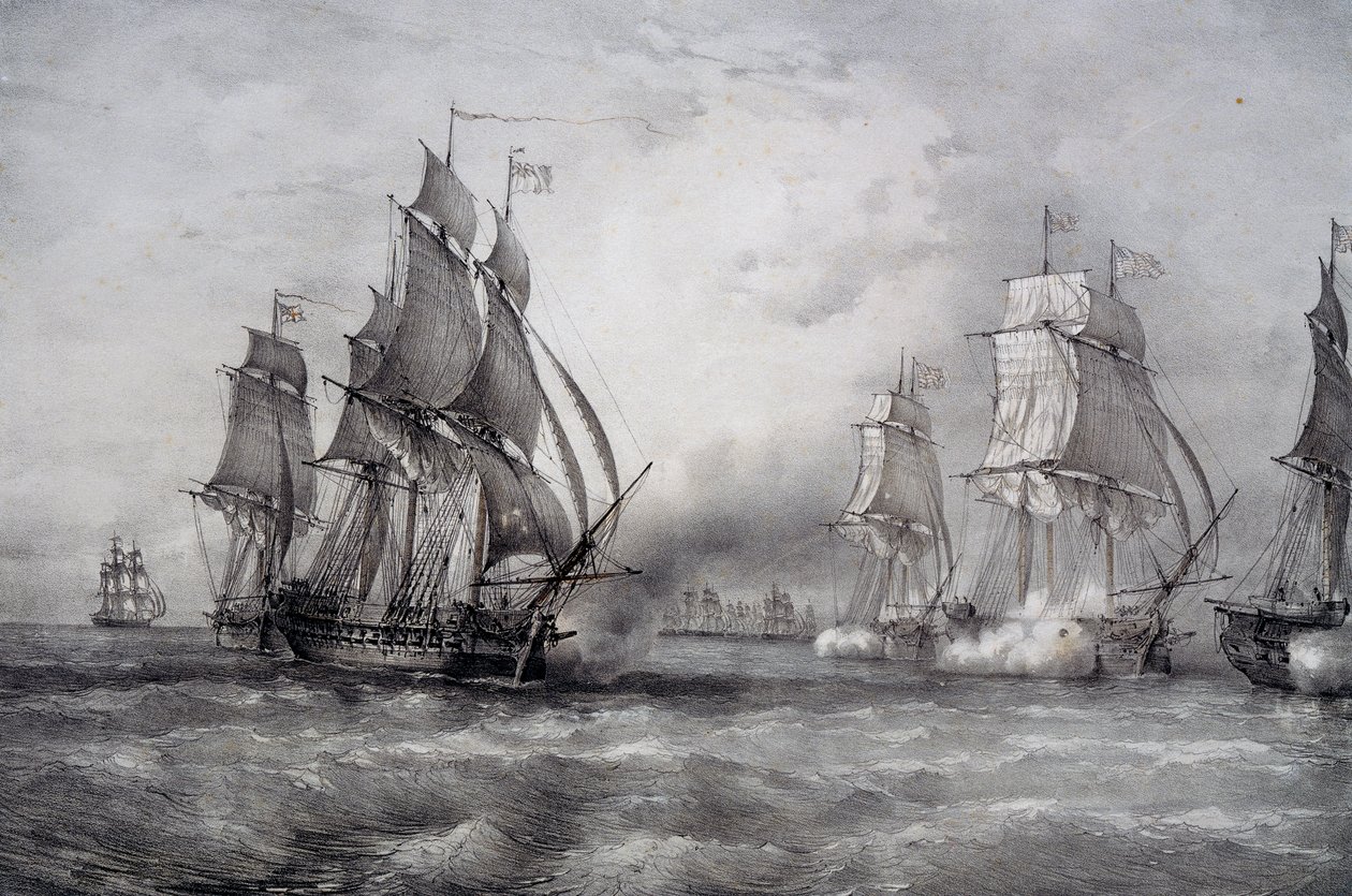 Paul Jones attacking British fleet commanded by Pearson and arriving from Baltic Sea by Ferdinand Victor Perrot