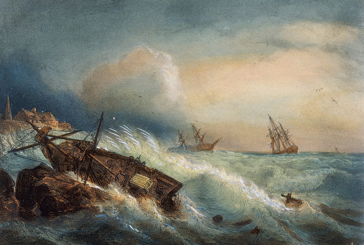 Shipwreck on coast of Saint Nazaire, Colour lithograph by Ferdinand Perrot by Ferdinand Victor Perrot
