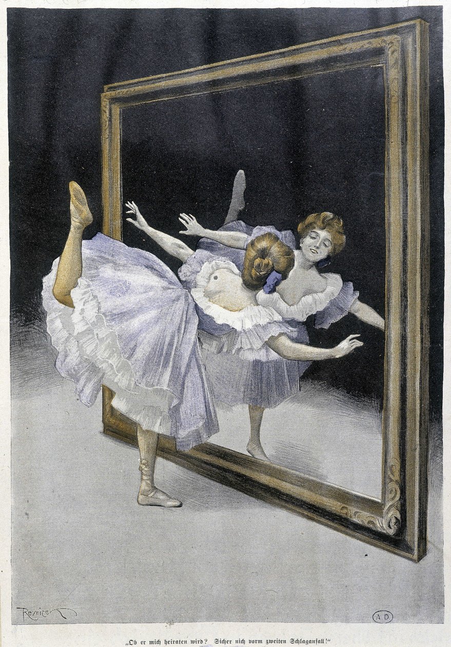 Classical dance: dancer doing exercises in front of a mirror - n.d., German doc. by Ferdinand von Reznicek