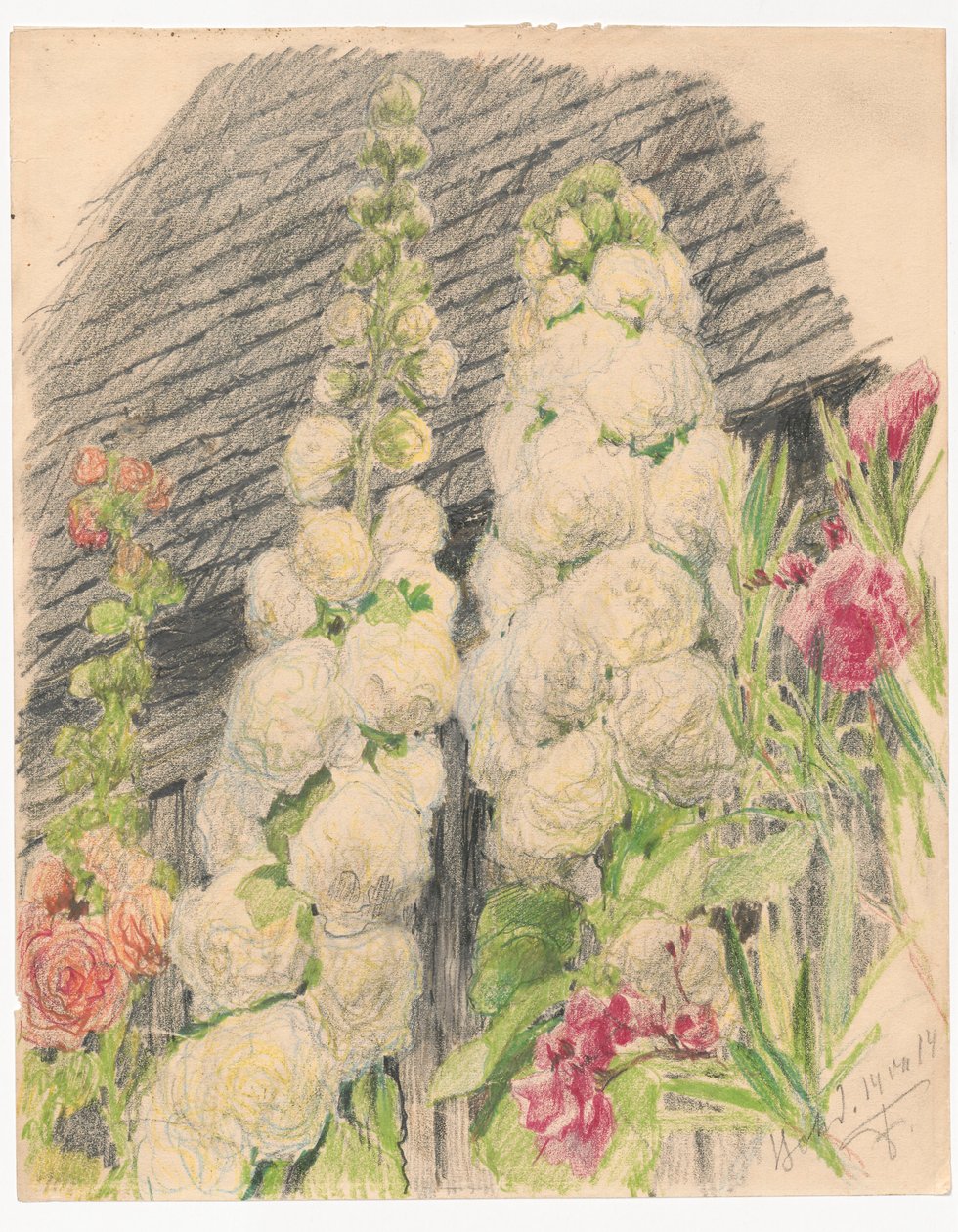 Hollyhocks in Front of the House in Bohdanów by Ferdynand Ruszczyc