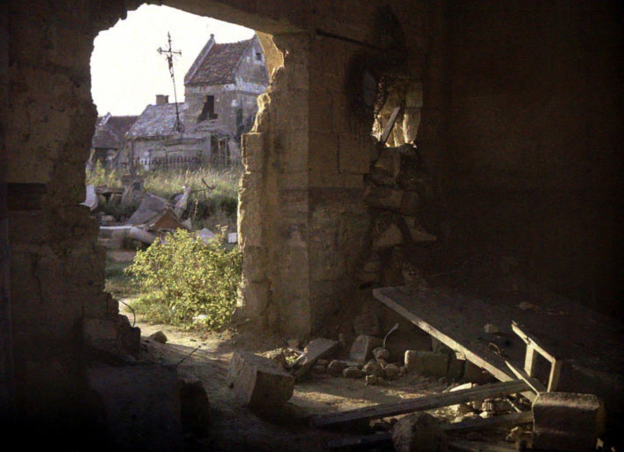 The Damaged Church with a Hole Through Which Houses Can Be Seen, Thiescourt, Oise, France, 1917 by Fernand Cuville