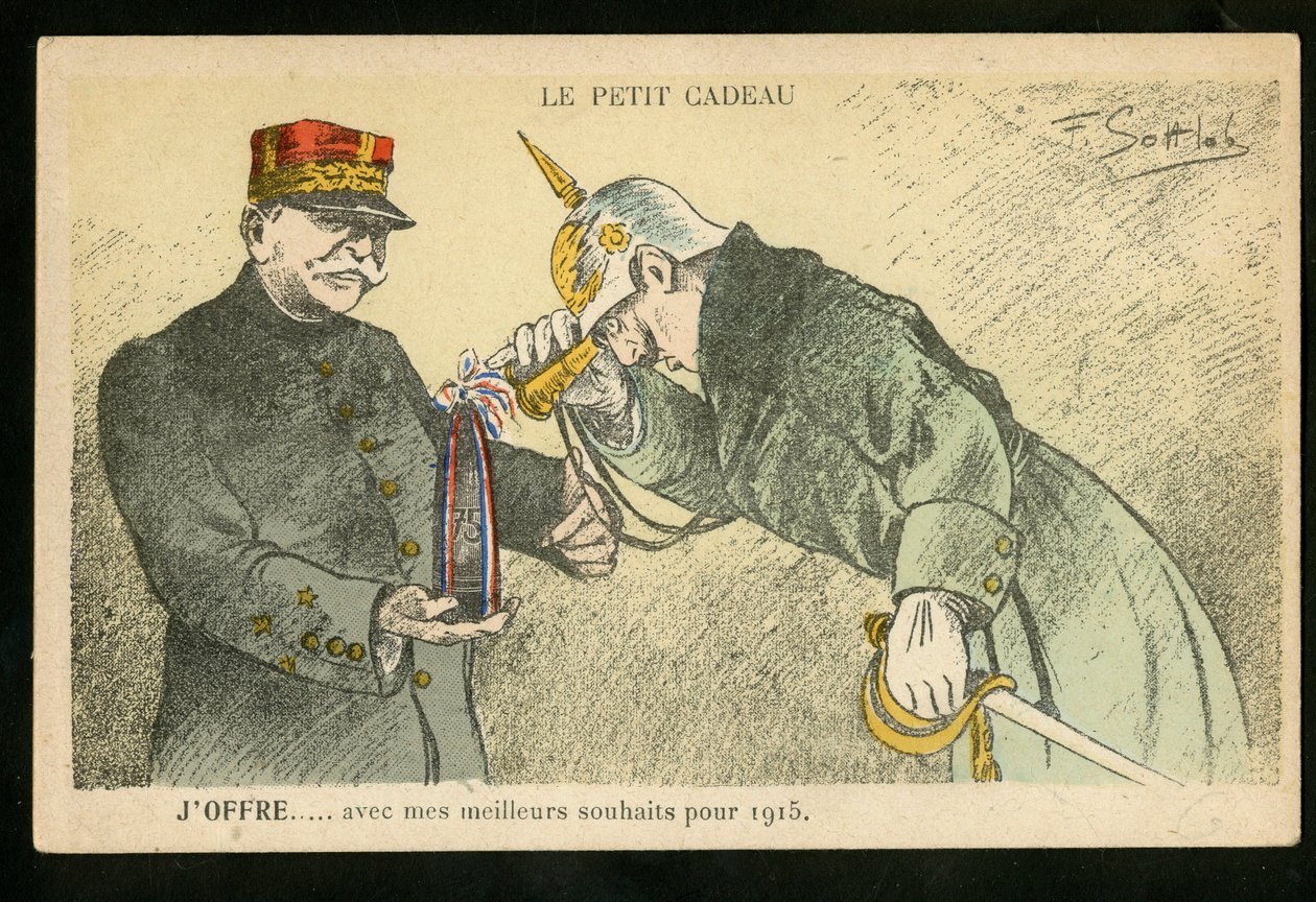 Postcard, Satirical in Colors, ca. 1914: A small gift I offer with my best wishes for 1915 - War of 14-18, Canons, shells - William II, Joffre Illustration by Gottlob by Fernand Louis Gottlob