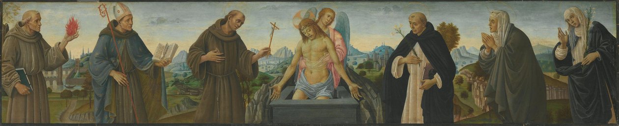Man of Sorrows and Six Saints (St. Anthony of Padua, Louis of Toulouse, Francis, Dominic, Clare, and Catherine of Siena) by Filippino Lippi