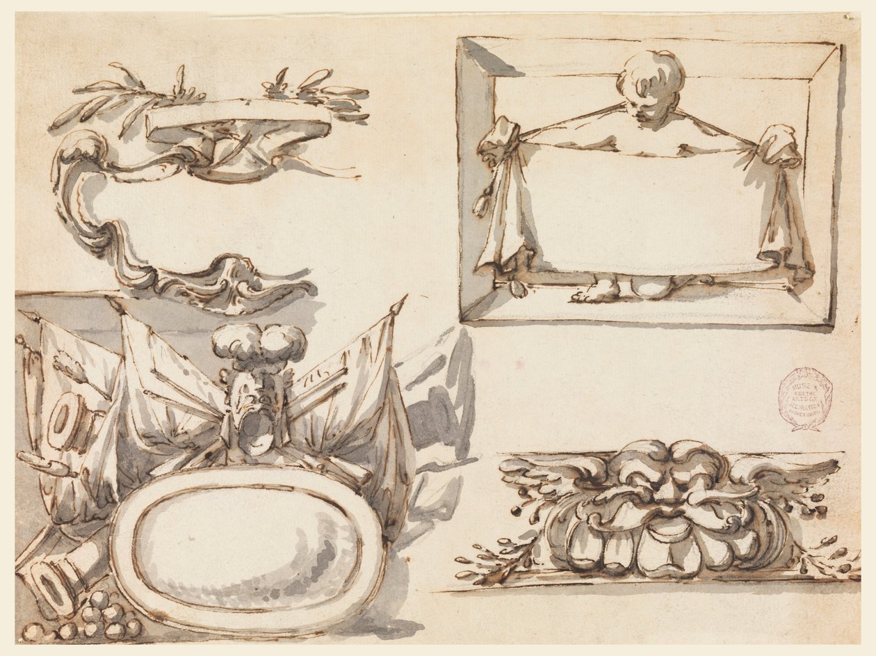 An Escutcheon, a Trophy, a Label, a Decorative Motif for a Frieze, 1750–75 by Filippo Marchionni