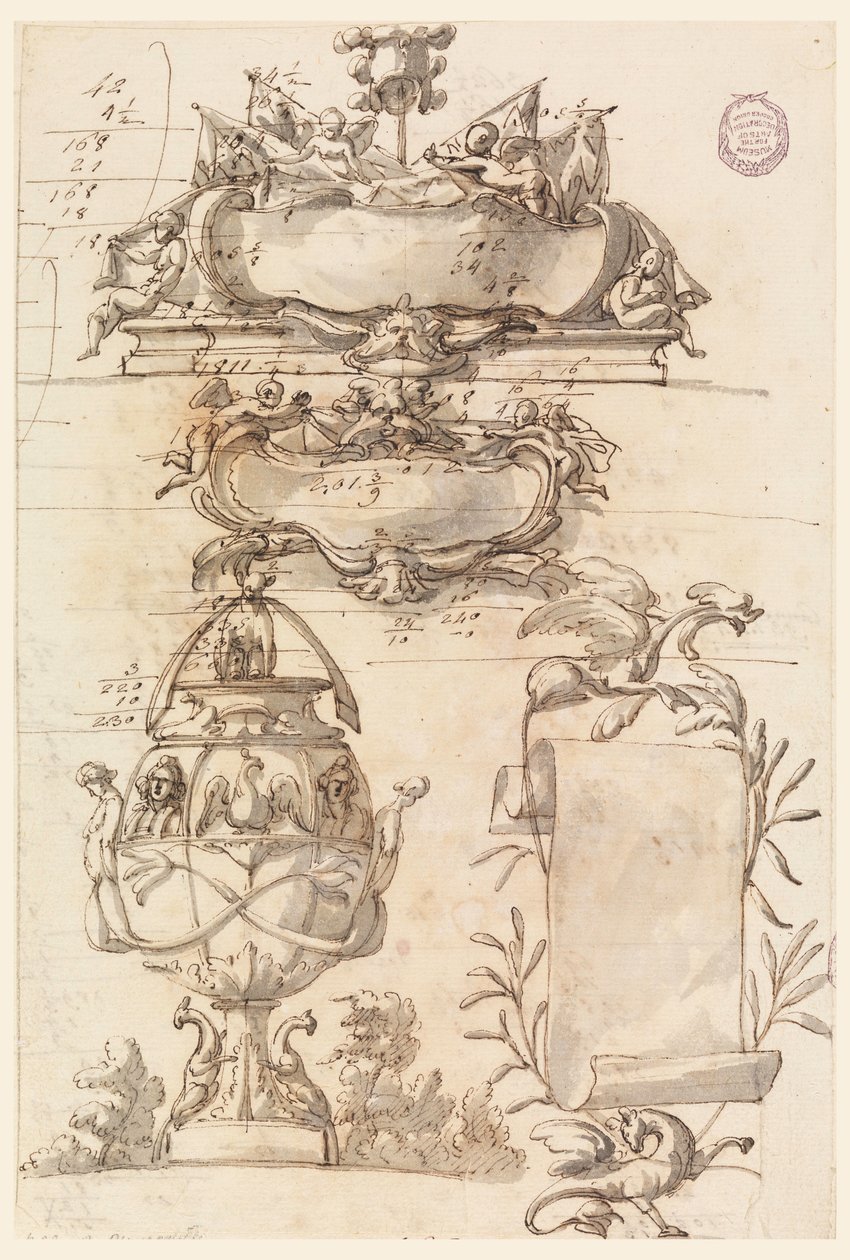 Two escutcheons, decorative vase and a scroll, 1750–75 by Filippo Marchionni