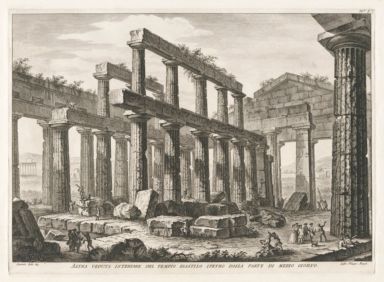 Another Interior View of the Hexastyle Hypaethral Temple from the South, from Antiquities of Paestum by Filippo Morghen