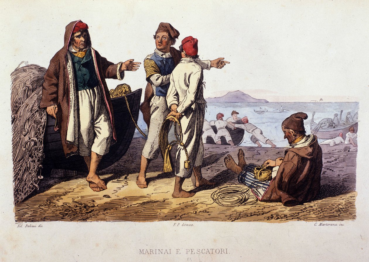 Small metier of the Kingdom of Naples: sailors and fishermen. Engraving after a painting by F. Palizza. From a work by Francesco de Bourcard 