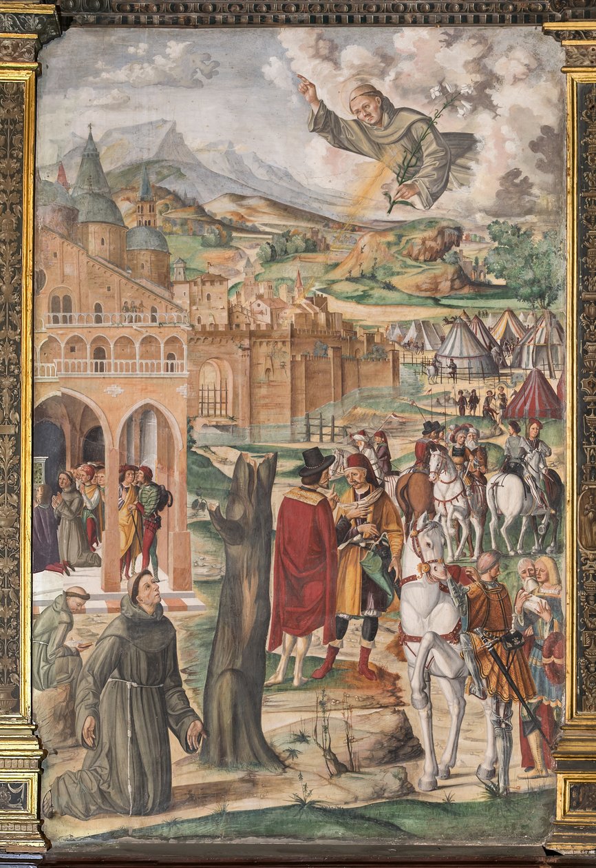 The Saint appearing to the blessed Luca Belludi predicting the liberation of Padua, School of the Saint by Filippo da Verona