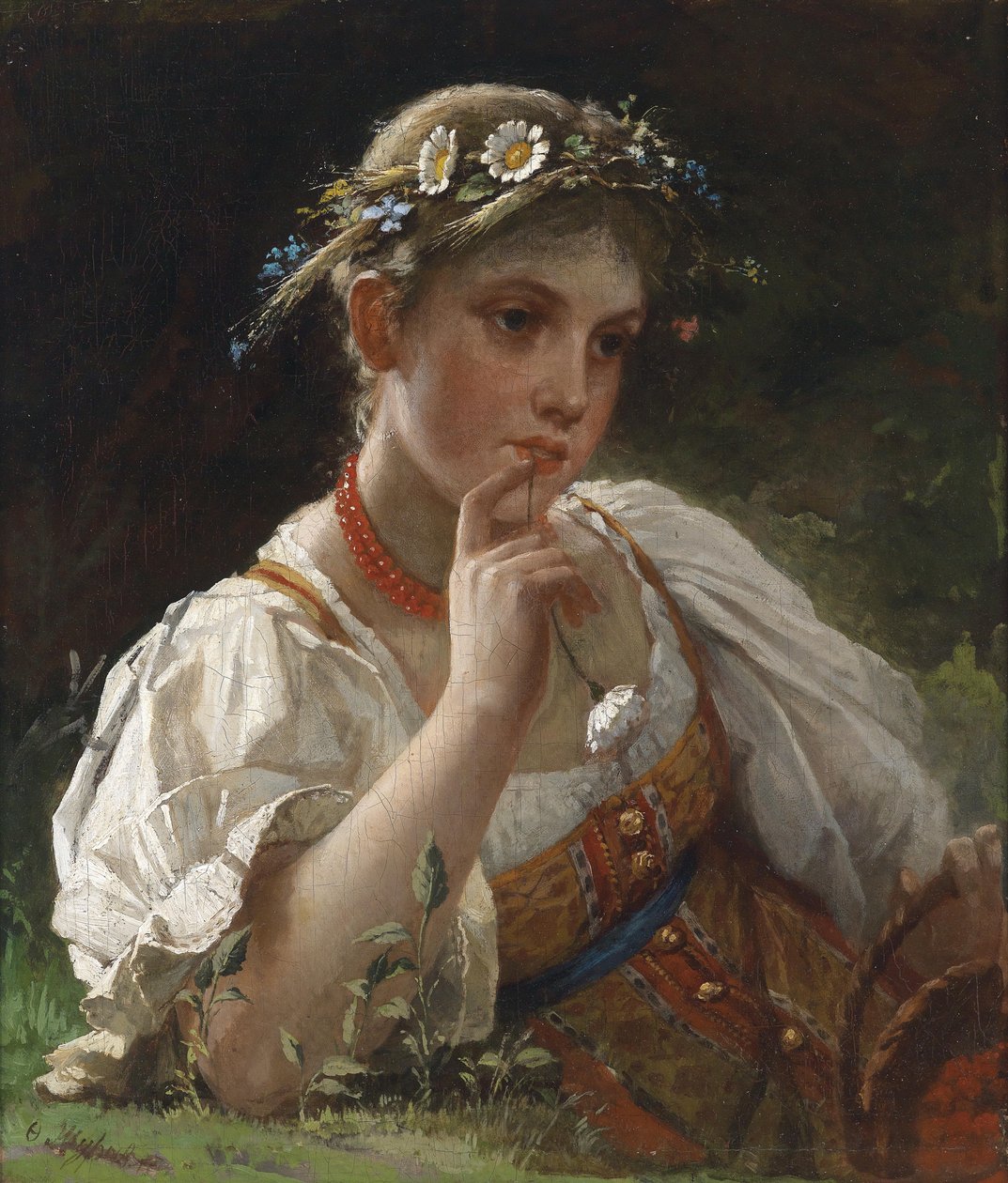 Girl in Traditional Dress with Flower Wreath by Firs Sergeevich Zhuravlev