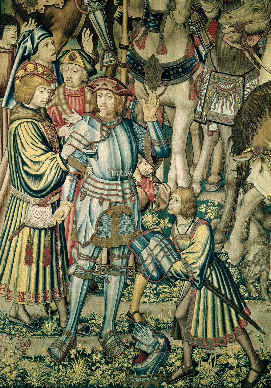 Detail of Uriah the Hittite being armed from Assembling the Riders, from the tapestry of David and Bathsheba by Flemish School