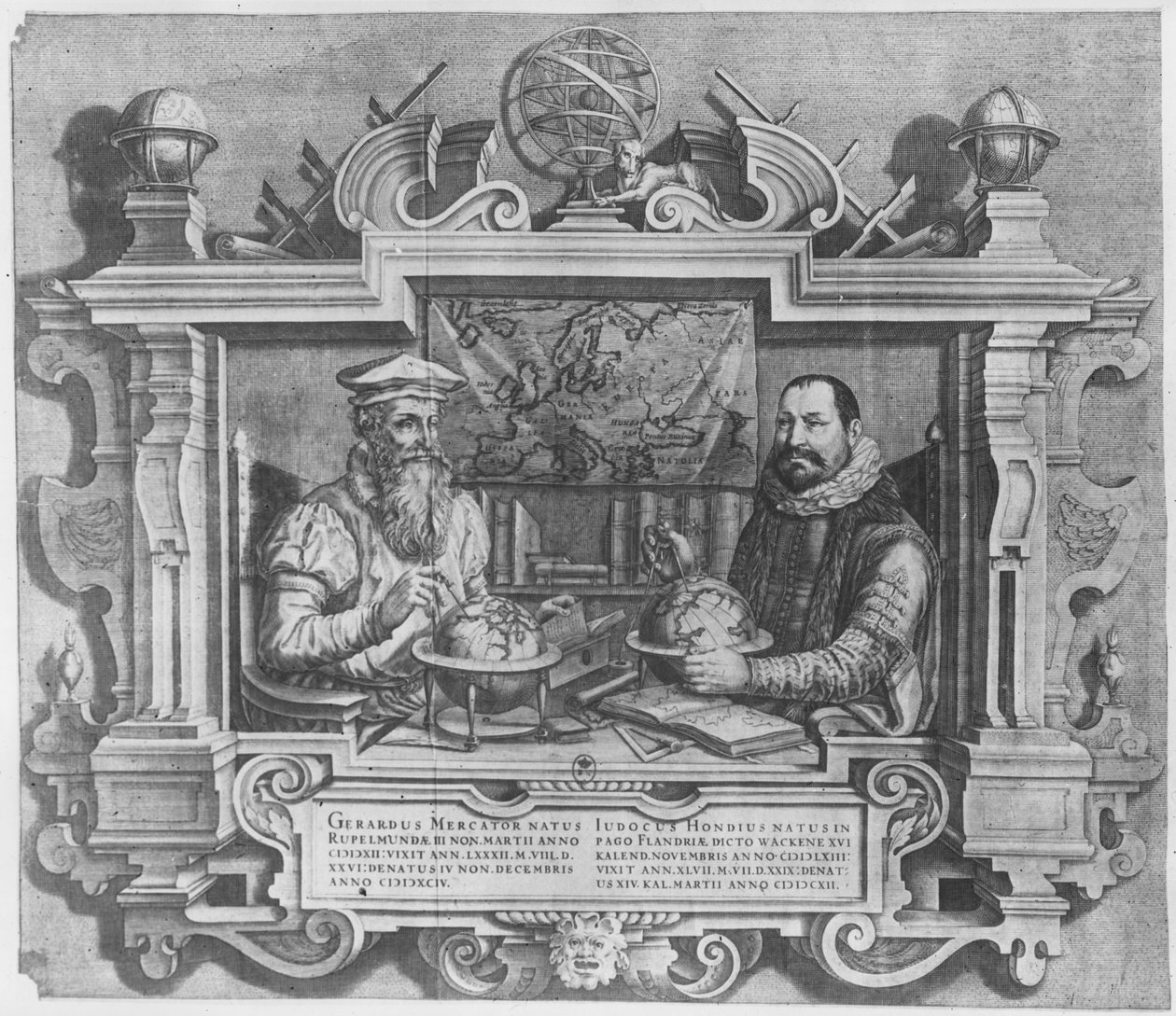 Double portrait of Gerard Mercator (1512-94) and Jodocus Hondius (1563-1612) engraved for inclusion in the Mercator and Hondius series of atlases, 1619 by Flemish School