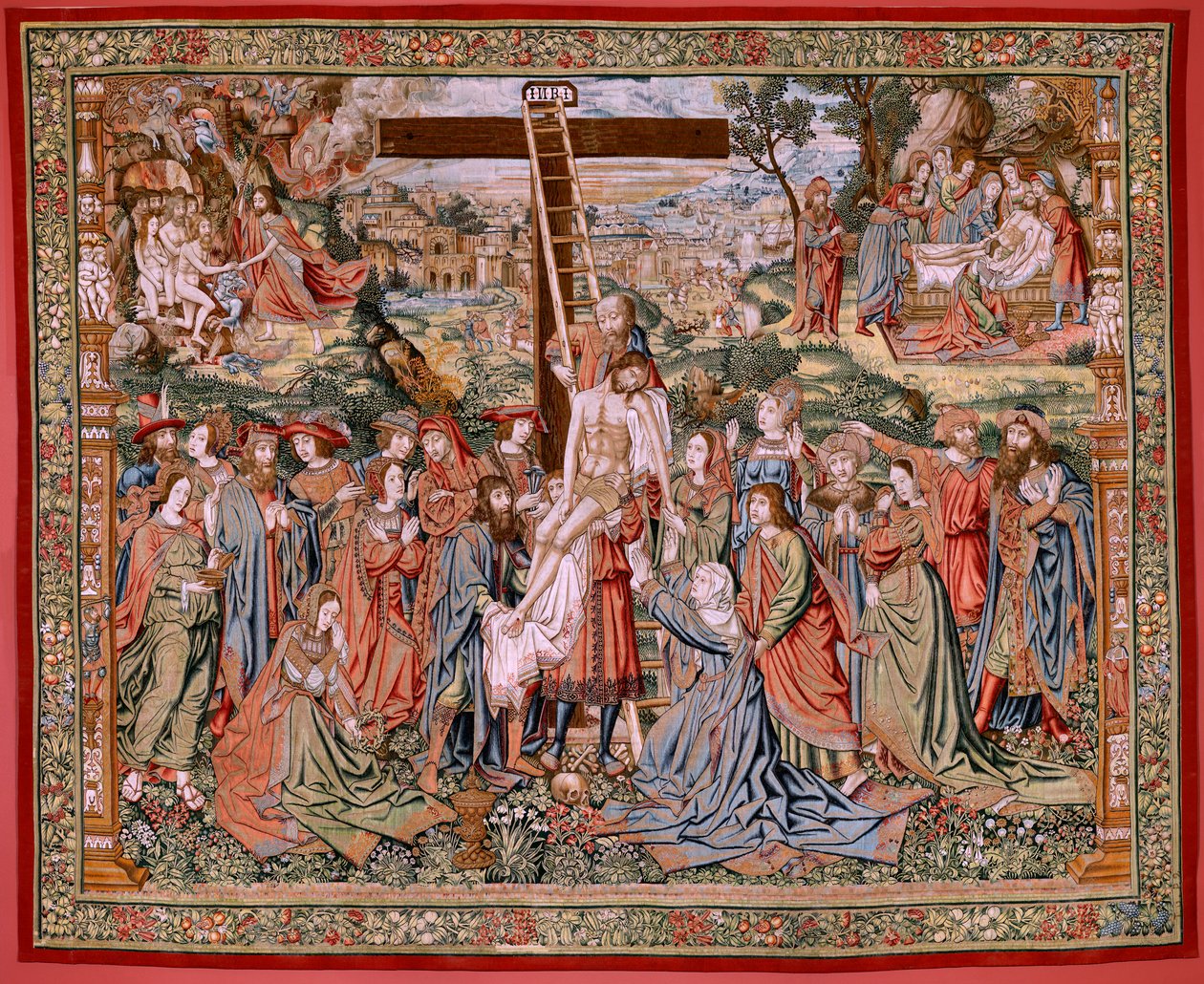 Flemish Tapestry. Series The Passion of Christ. The Descent from the Cross. The Second Tapestry Series of the Passion of Christ Belonging to the Patrimonio Nacional. Model Cartoonists from the Circle of Jan van Roome. Manufacture Pieter van Aelst, Brussels by Flemish School