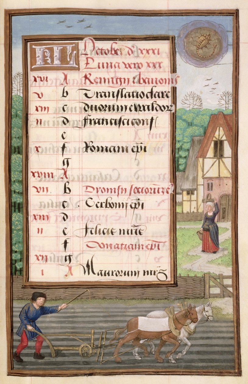 Ploughing with Two Horses, illuminated calendar page for October, from a Book of Hours, c.1500 by Flemish School