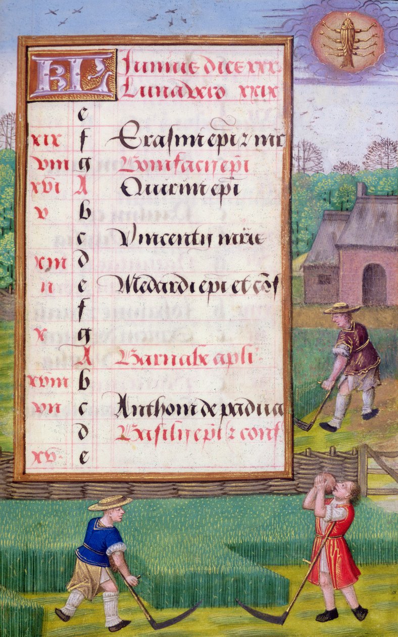 Mowing Grass, illuminated calendar page for June, from a Book of Hours, c.1500 by Flemish School