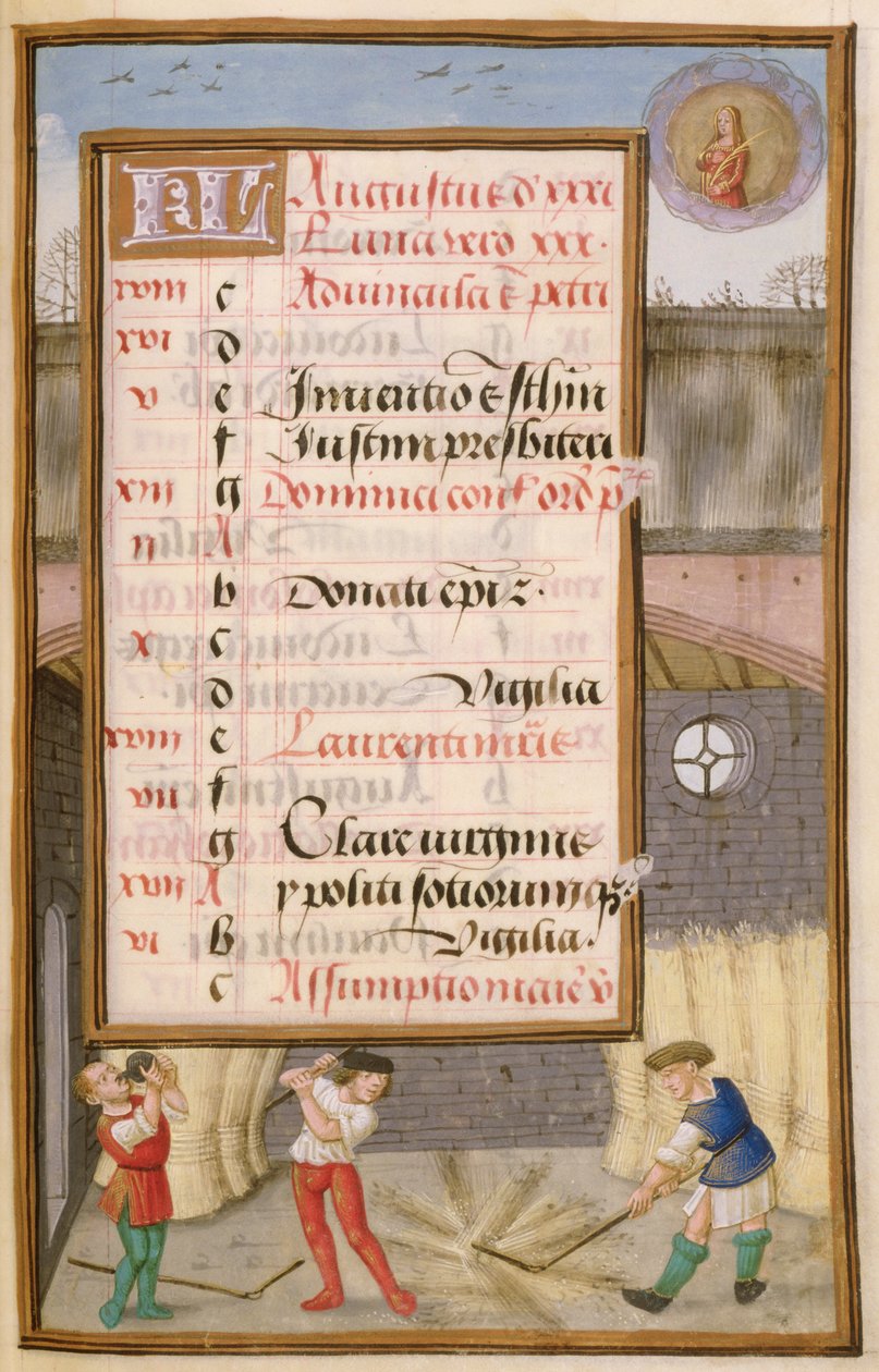 Threshing Corn in the Barn, illuminated calendar page for August, from a Book of Hours, c.1500 by Flemish School